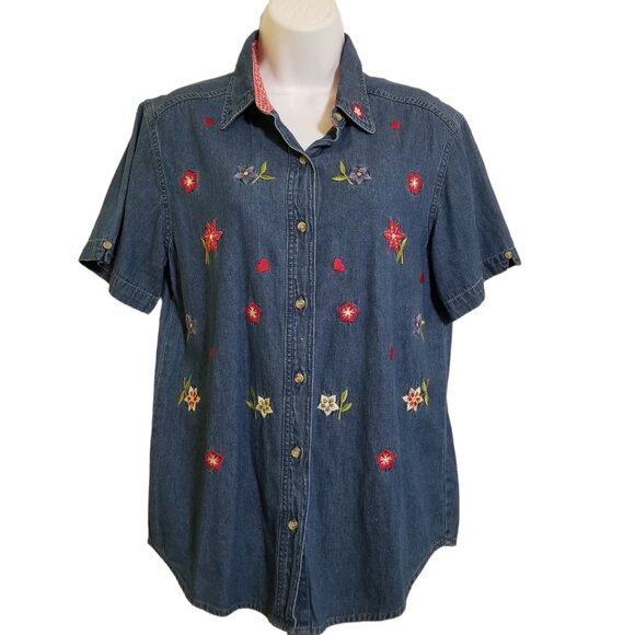 Vintage Womens Shirt Button Up Blouse Medium Denim Embroidered Flowers - Picture 2 of 10